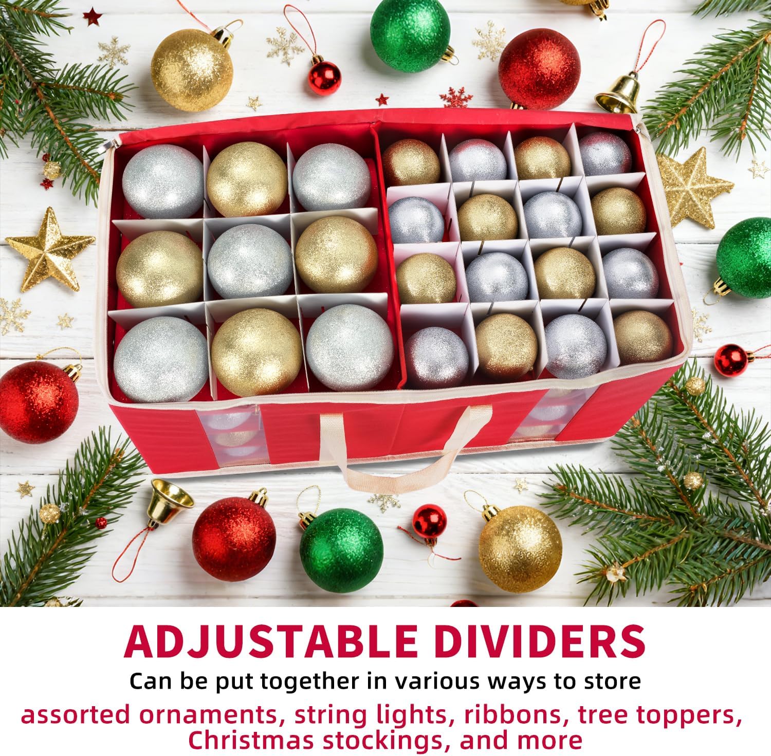 Large Christmas Ornament Storage Box With Adjustable Dividers,Ornament Storage Container with Two Handlesfor 128