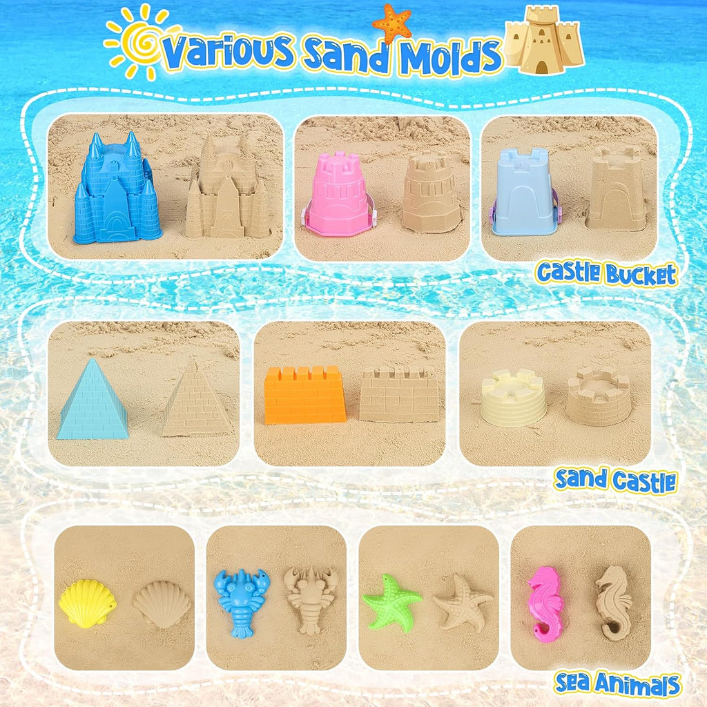 Beach Toys with Castle Bucket, Sand Molds for Kids Ages 3-12 | 2 Mini Bucket, Shovel and Rake for Sand Castle Play