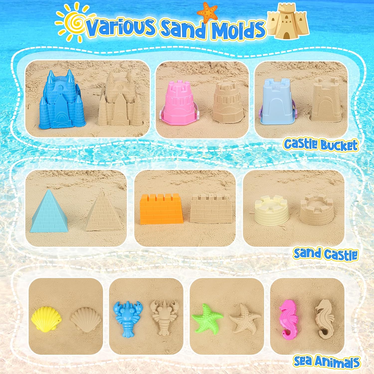 Beach Toys with Castle Bucket, Sand Molds for Kids Ages 3-12 | 2 Mini Bucket, Shovel and Rake for Sand Castle Play
