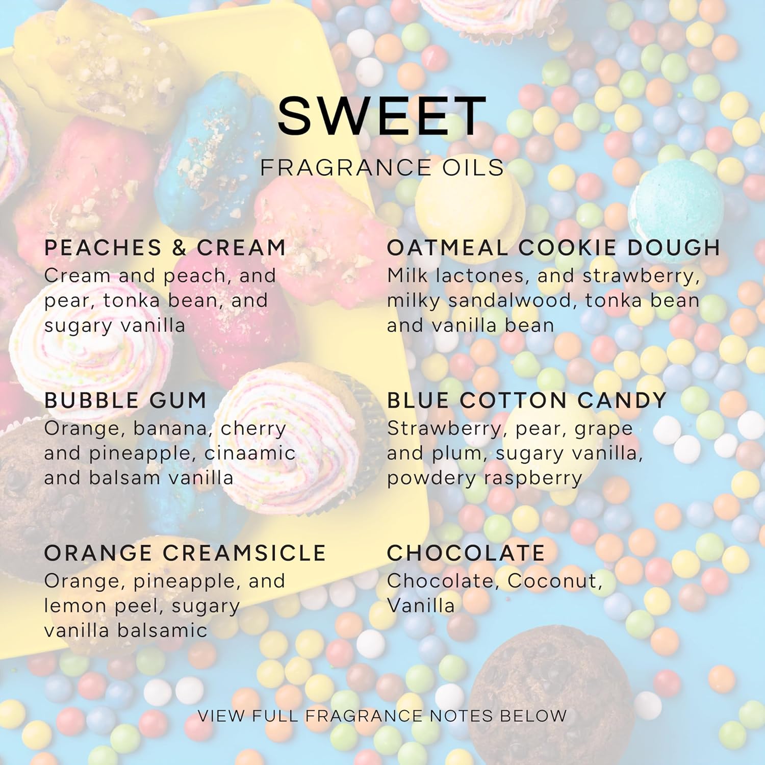 Sweet Set of 6 Premium Fragrance Oils - Includes Bubble Gum, Orange Creamsicle, Peaches & Cream, Blue Cotton Candy