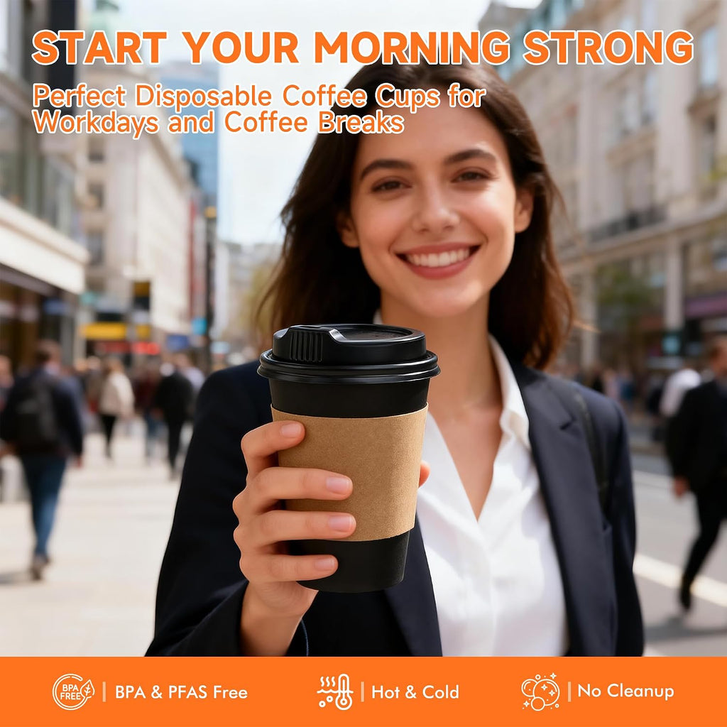 100 Pack 16 oz Disposable Coffee Cups with Lids and Sleeves