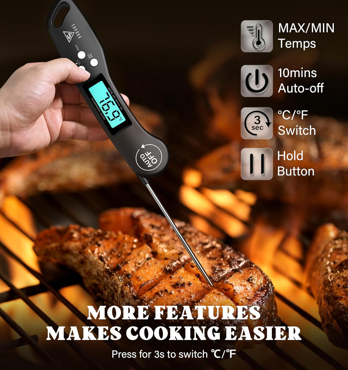 Digital Meat Thermometer, 2 Pack Instant Read Food Thermometer for Cooking, Kitchen Probe with Backlit & Reversible