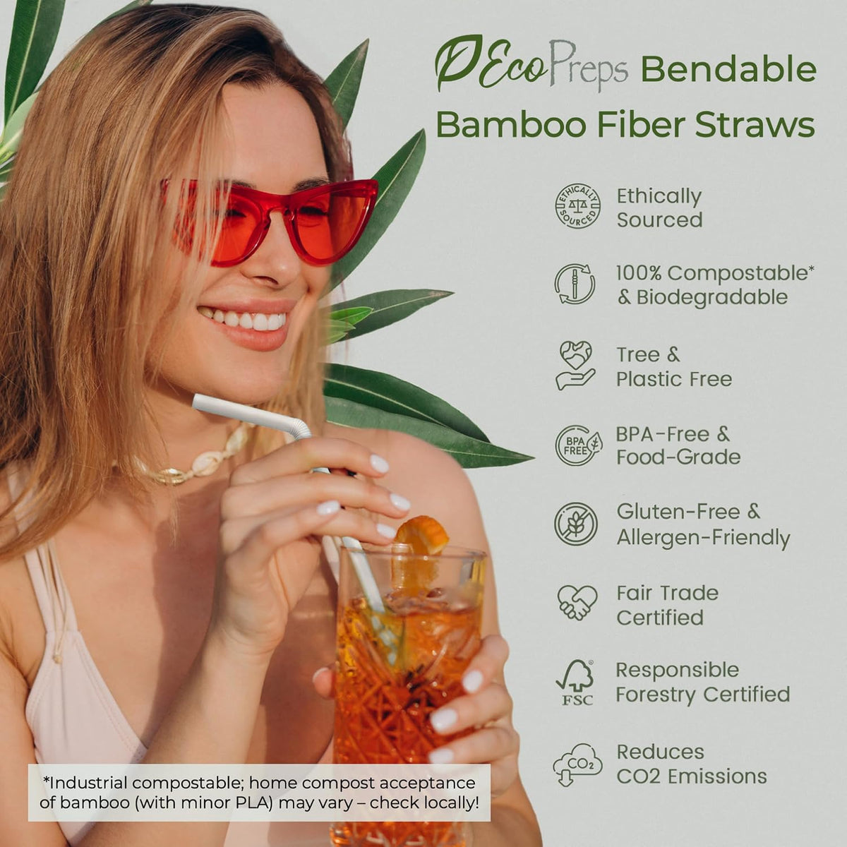Flexible Biodegradable Disposable Bamboo Fiber Straws, 120 Count