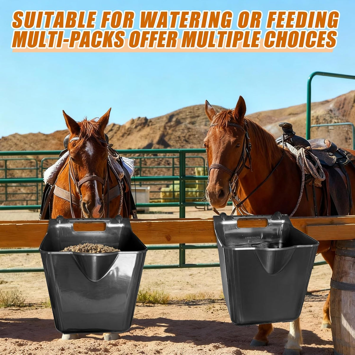 15 Qt Hook-Over Plastic Livestock Horse Feed Bucket, 6-Pack, Black