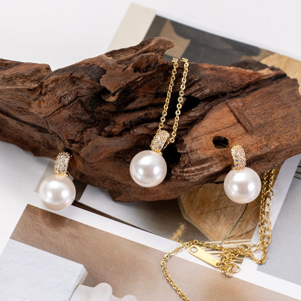 Classic Pearl Jewelry Set for Women – Elegant Pearl Necklace and Earrings Set with 14K Gold Plated Silver Chain