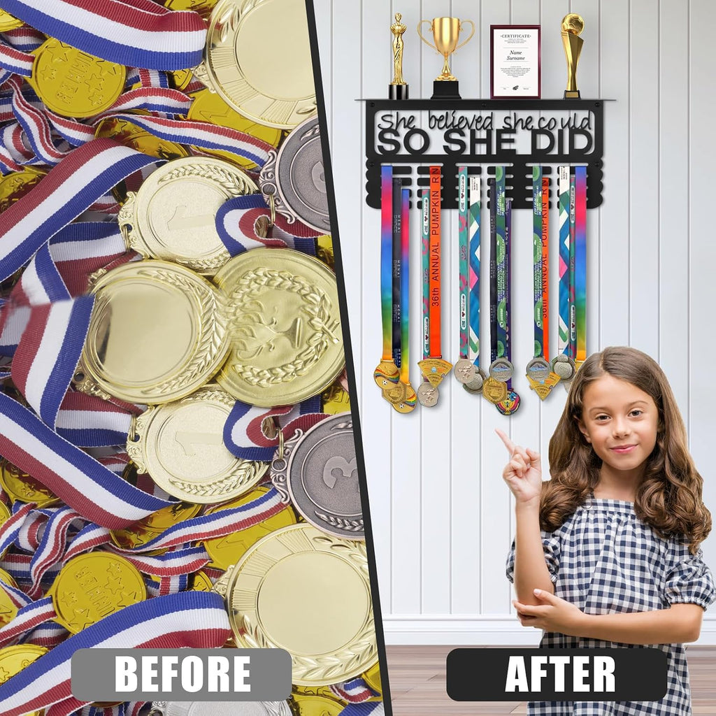 Medal Hanger Display with Trophy Shelf, Medal Holder Trophy Display Shelf | Upgraded Sports Ribbon Holder Simple Wall