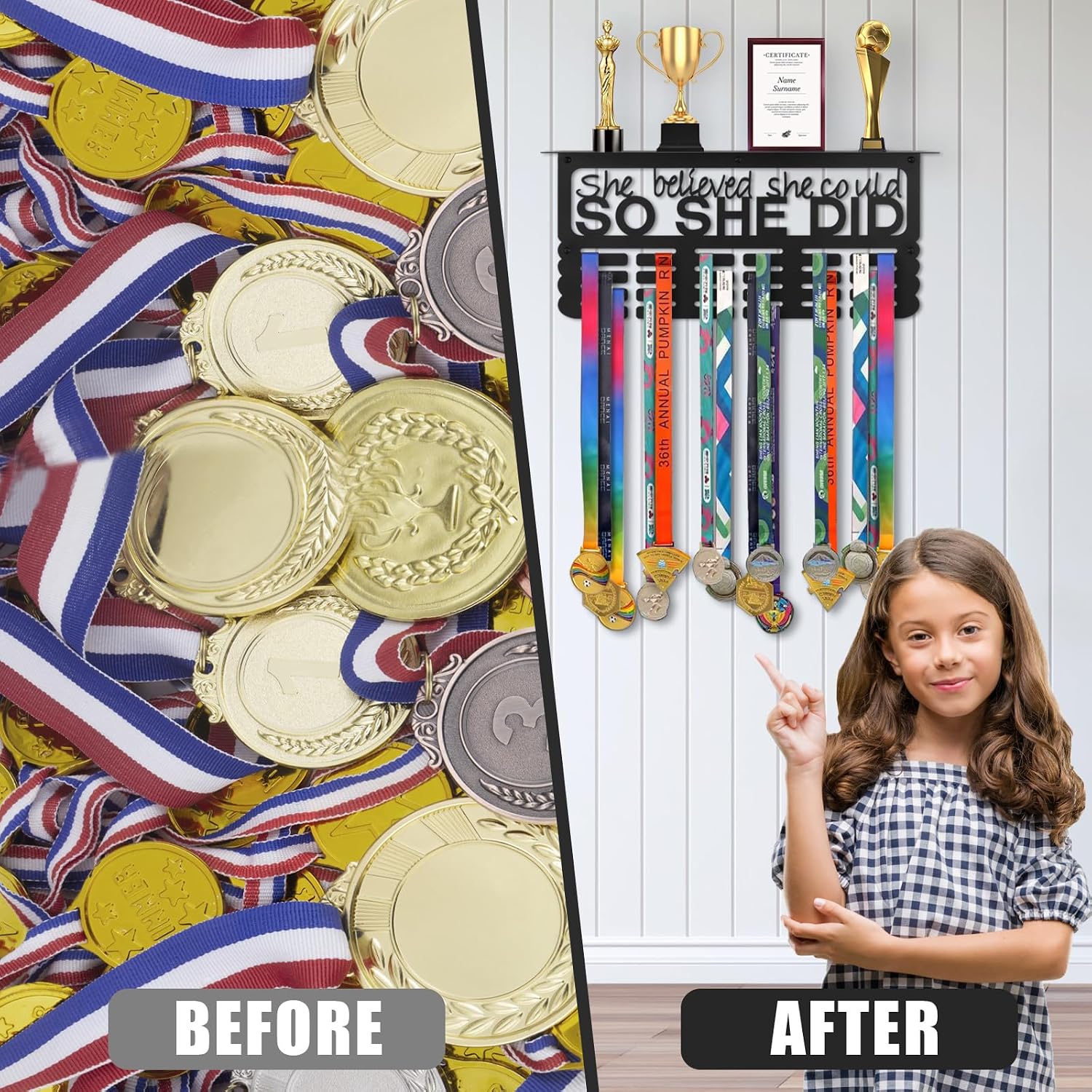 Medal Hanger Display with Trophy Shelf, Medal Holder Trophy Display Shelf | Upgraded Sports Ribbon Holder Simple Wall