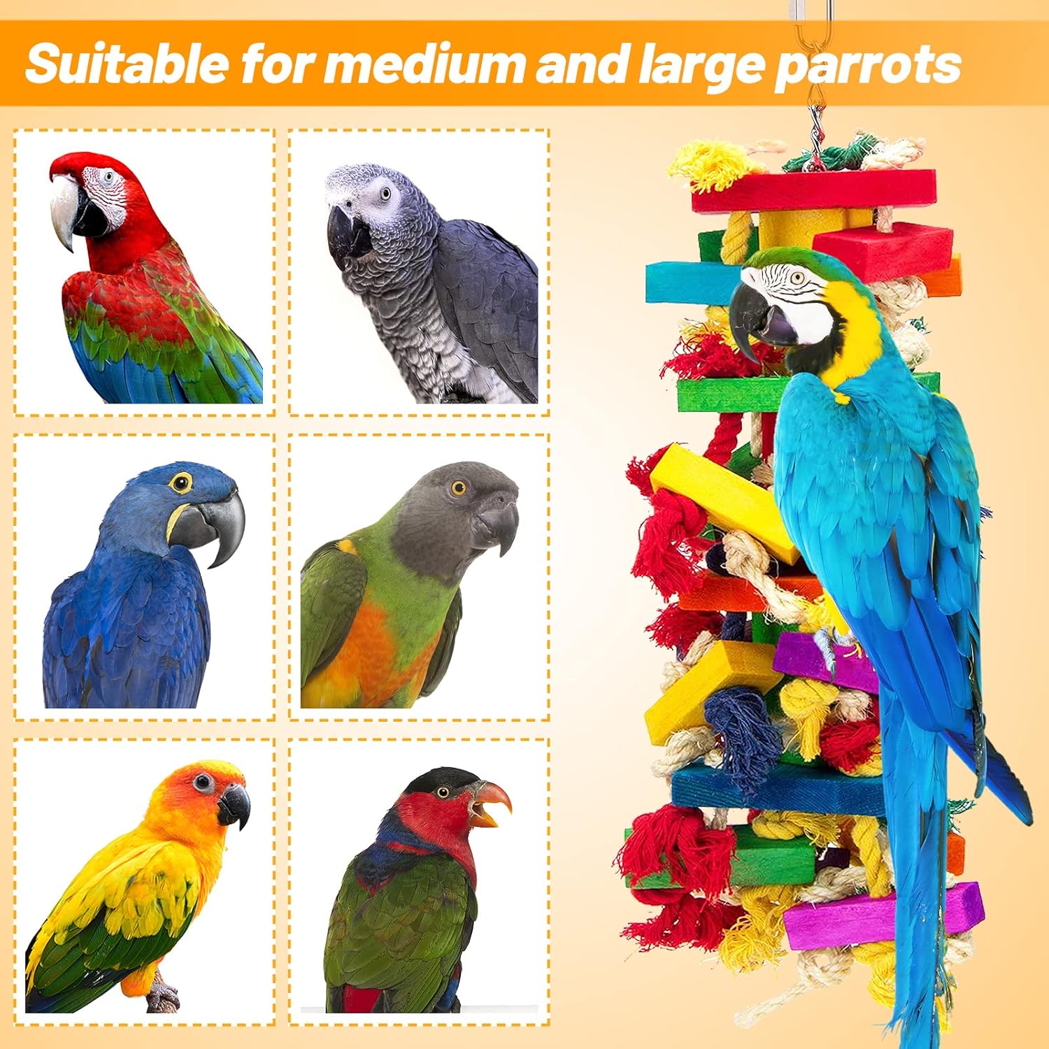Extra Large Natural Wood Bird Toys for Macaws, African Grey, Amazon Parrots | MEWTOGO, Fun to Climb on, to Swing on