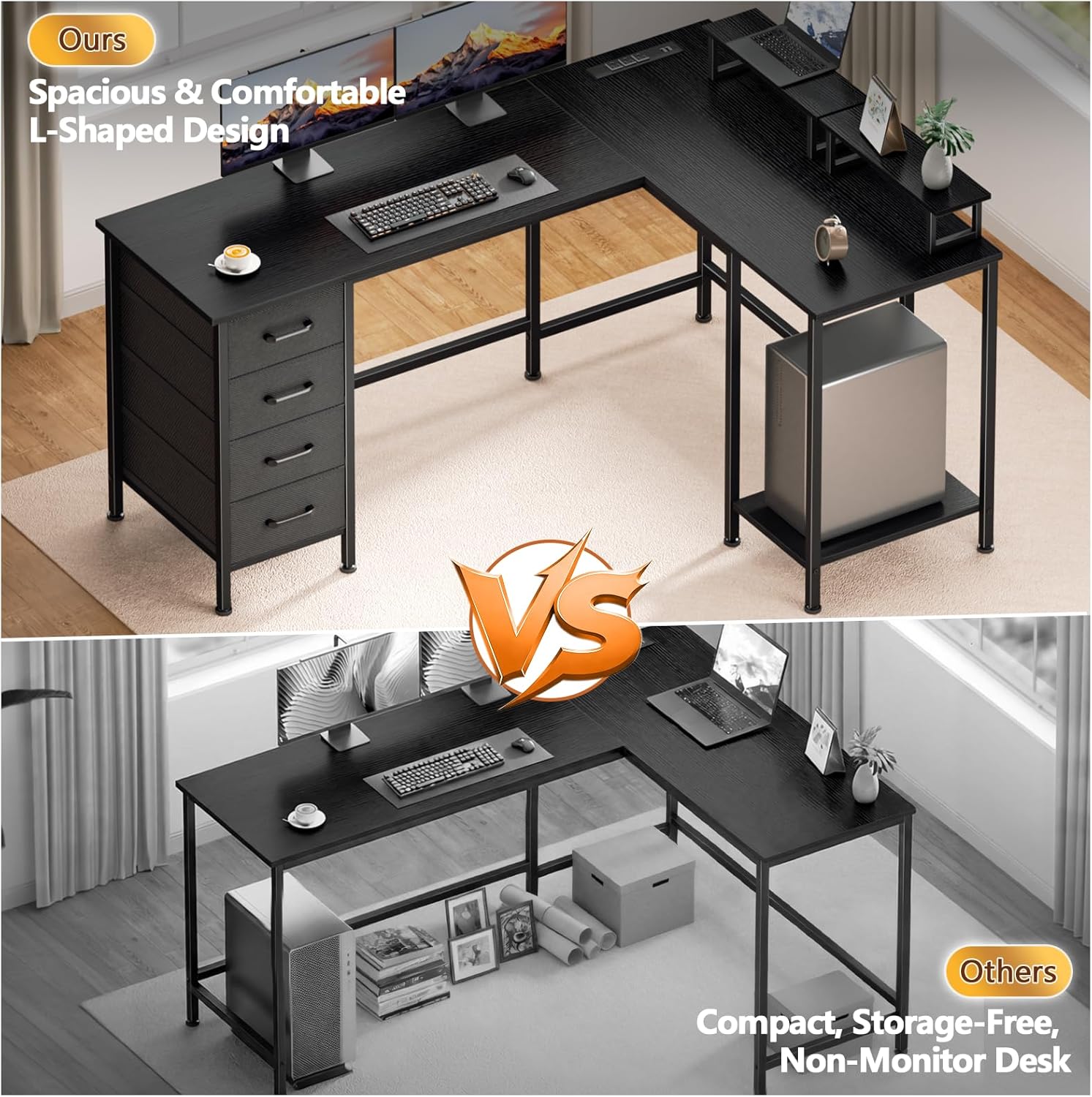59 inch L Shaped Computer Desk with Power Outlets, Home Office Desk with 4 Adjustable Storage Drawers & 2 Monitor