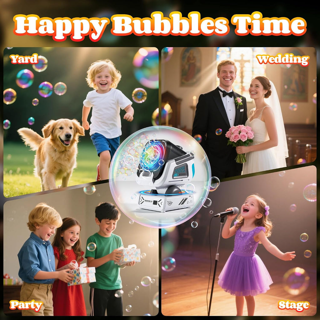 Upgraded Bubble Machine Outdoor Toys for Kids & Wedding Party | Auto Rotation,Type-C Rechargeable,Remote Control,RGB