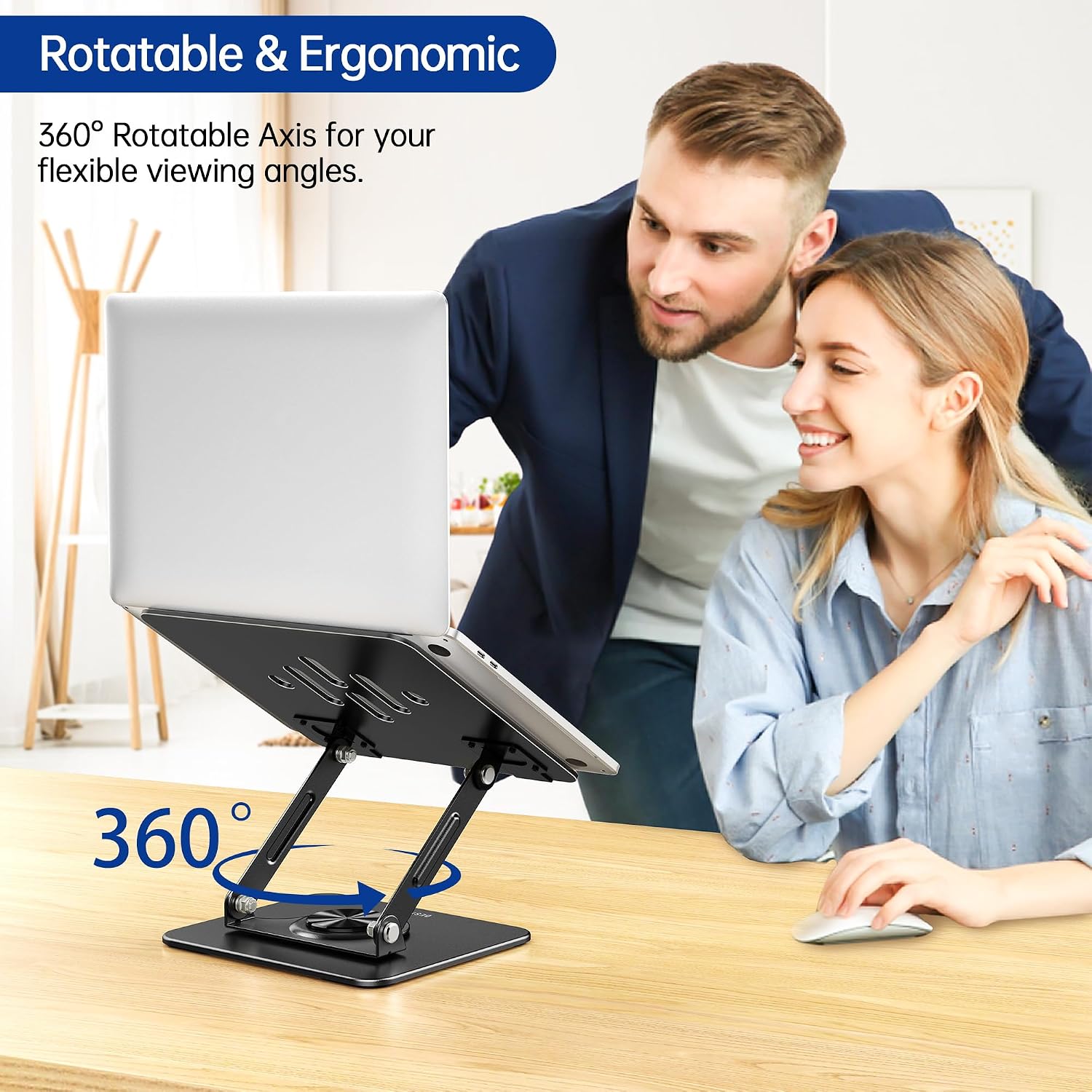 Laptop Stand with 360° Rotating Base, Ergonomic Adjustable Notebook Riser, Foldable Computer Holder Compatible with