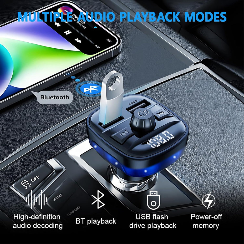 Bluetooth 5.3 Car Adapter Charger, Wireless FM Bluetooth Transmitter | Fast Charge Wireless Radio FM Transmitter with
