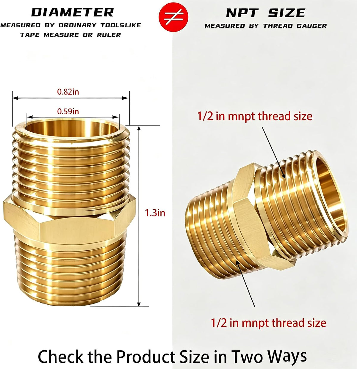 2PCS Hex Brass Nipple 1/2” Male X 1/2” Male NPT Pipe Fitting