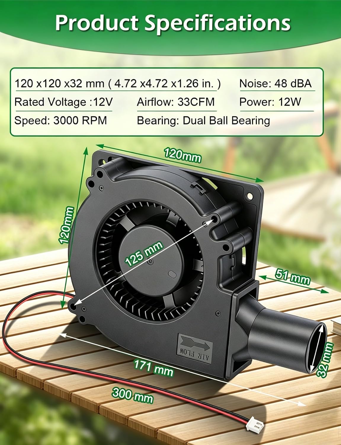 120mm × 32mm 12V Squirrel Cage Centrifugal Blower Fan with Duct