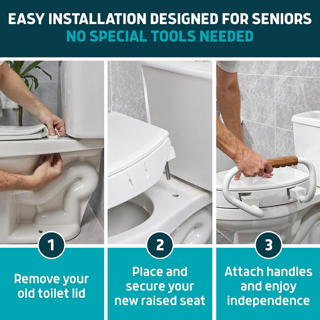Solva Raised Toilet Seat with Handles - Elongated - Easy to Install Toilet Seat Risers for Seniors - Adds 3 Inches &