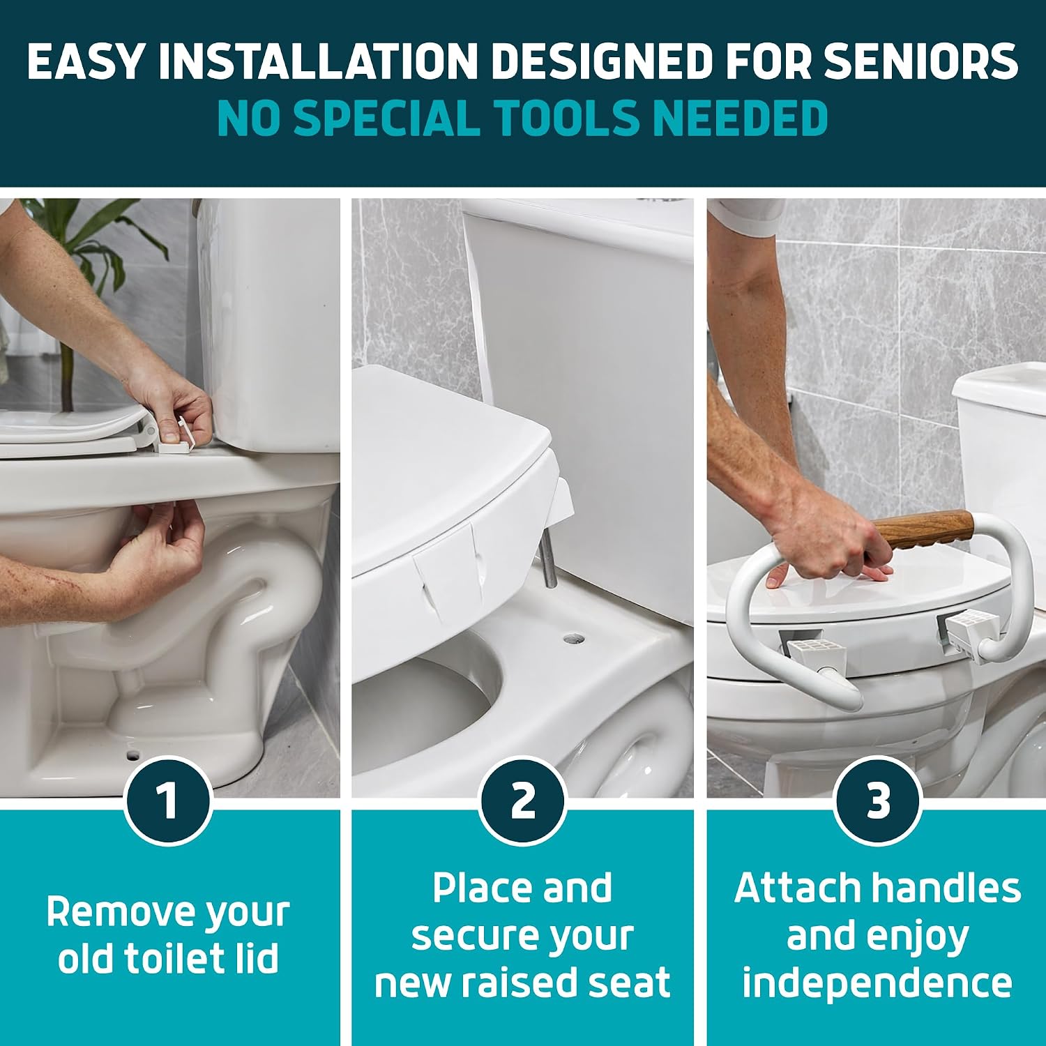 Solva Raised Toilet Seat with Handles - Elongated - Easy to Install Toilet Seat Risers for Seniors - Adds 3 Inches &