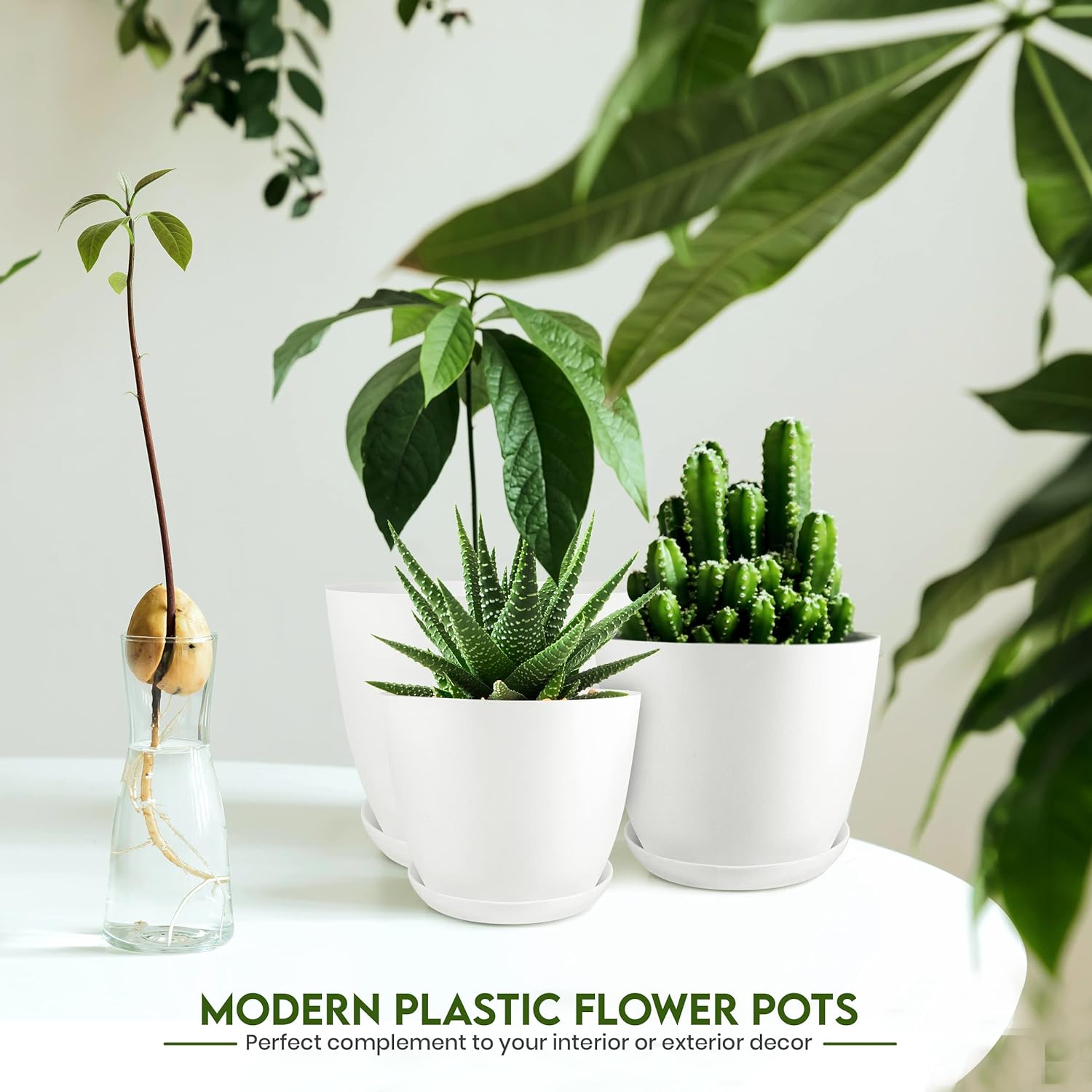 Plant Pots Indoor with Drainage Holes – Set of 5 White Plastic Flower Pots (7/6.6/6/5.3/4.8 Inch) – Modern Planters