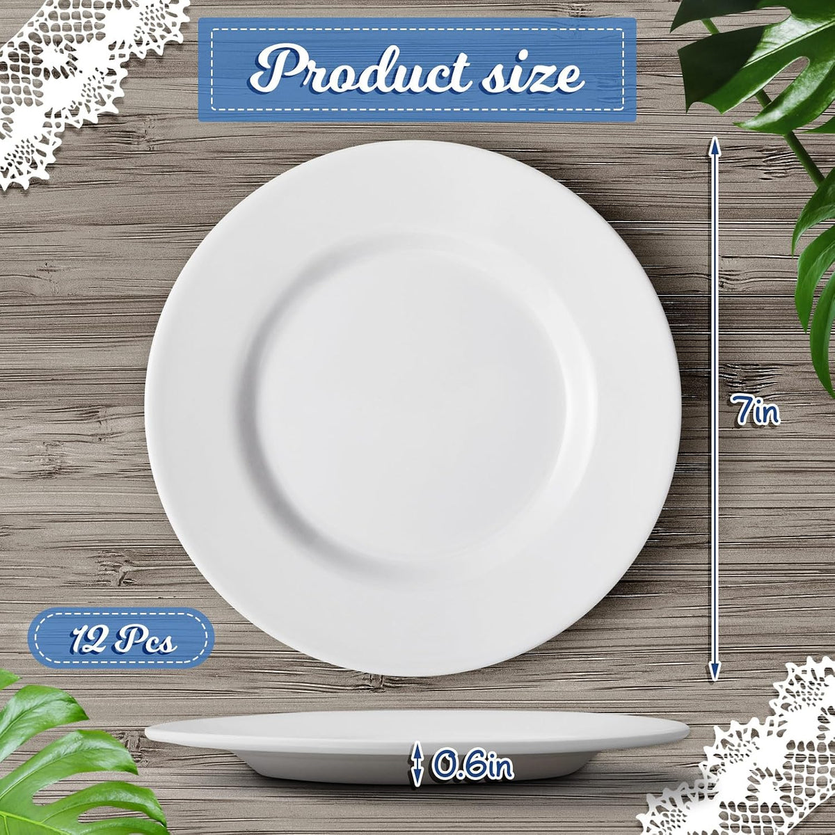 12 Pack 7 Inch White Dessert Plates, Melamine Salad Dishes Set