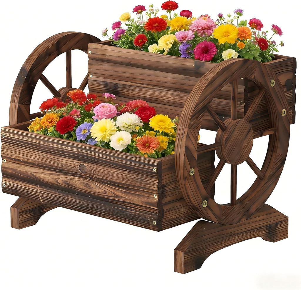 Wooden Wagon Planter Cute Garden Flower Pots Cart with wheels, Outdoor Decoration decor Indoor, Drainage hole, Garden