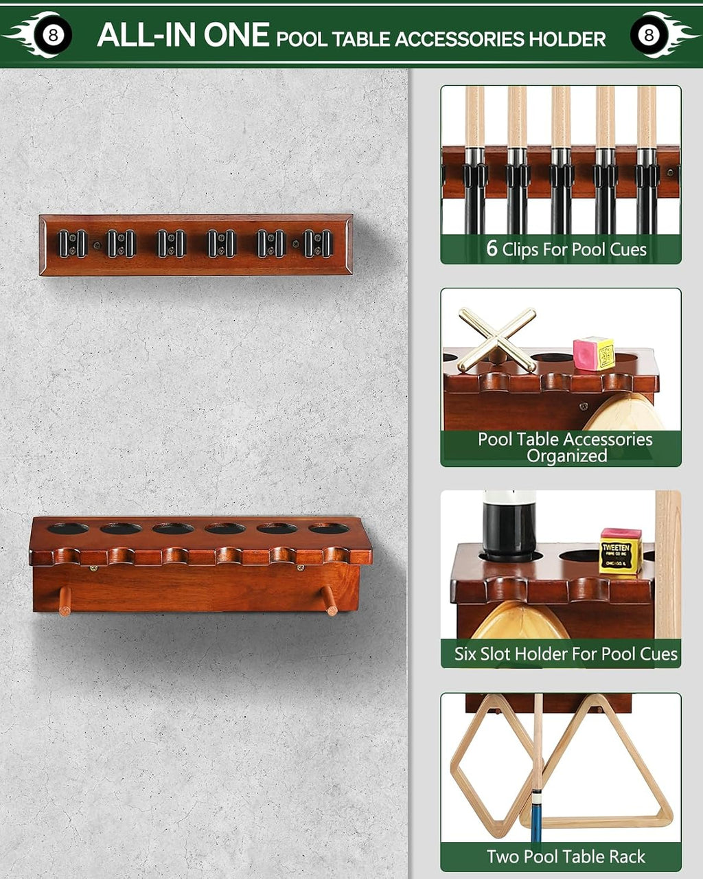 Wall Mount Pool Cue Rack Stick Holder, Billiards Rack | Solid Oak Hardwood Pool Cue Set Holder For Sticks Storage.