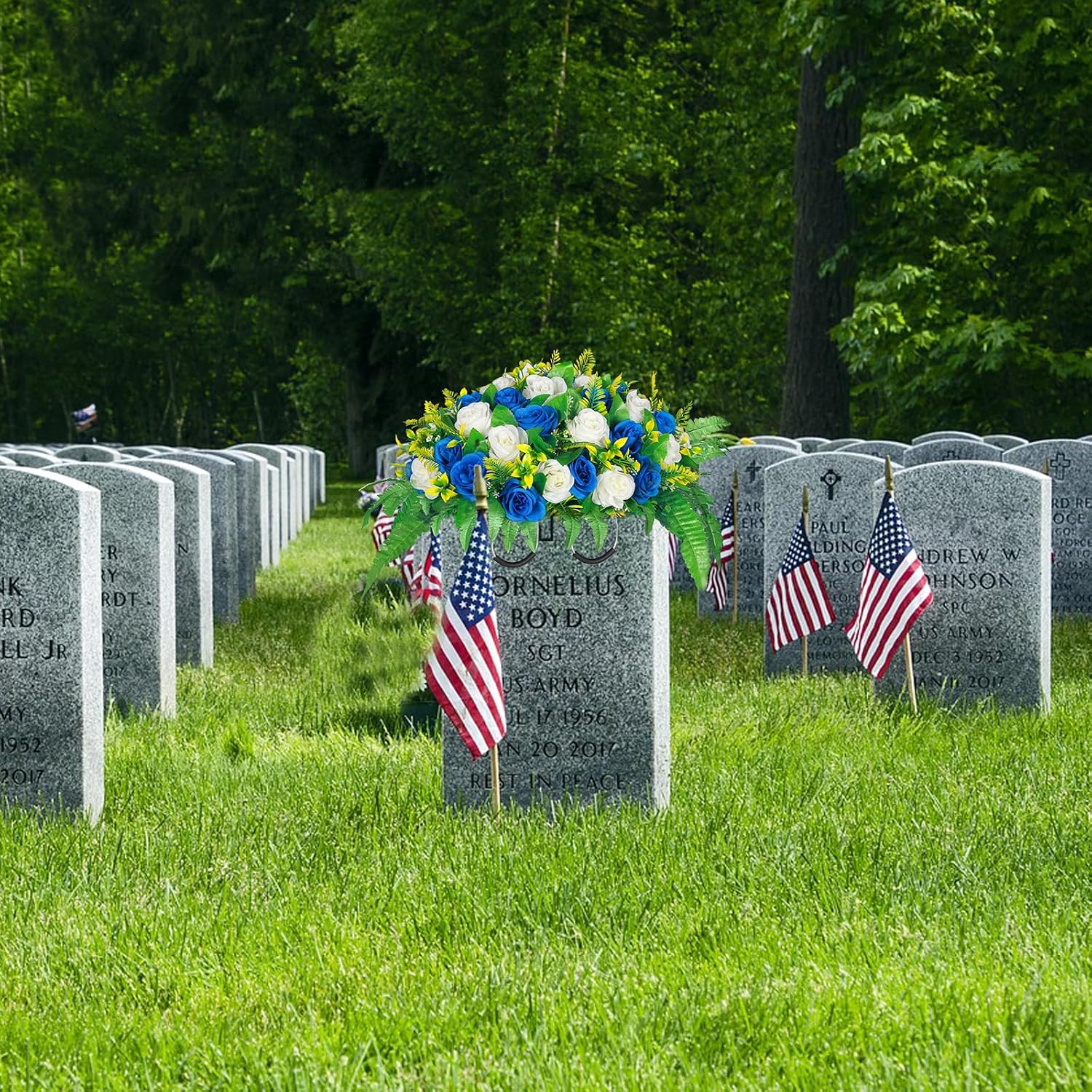 Artificial Cemetery Flowers, Silk Flower Arrangement,Artificial Rose Bouquet Grave Memorial Flowers with Headstone