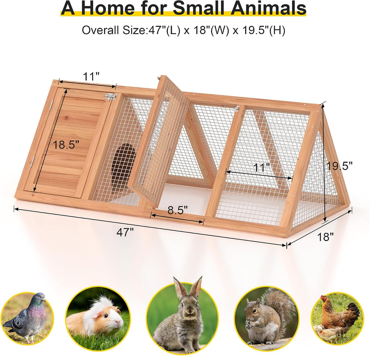 Rabbit Hutch, Small A-Frame Chicken Coop Outdoor w/ 2 Door & Run Cage(Wood)