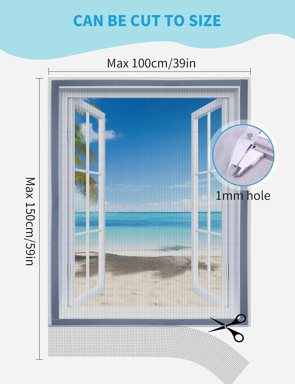 Adjustable Window Screen, Max 39"x 59" Thick Self-Adhesive Mosquito Mesh with Reinforced Edge, DIY Temporary Nylon