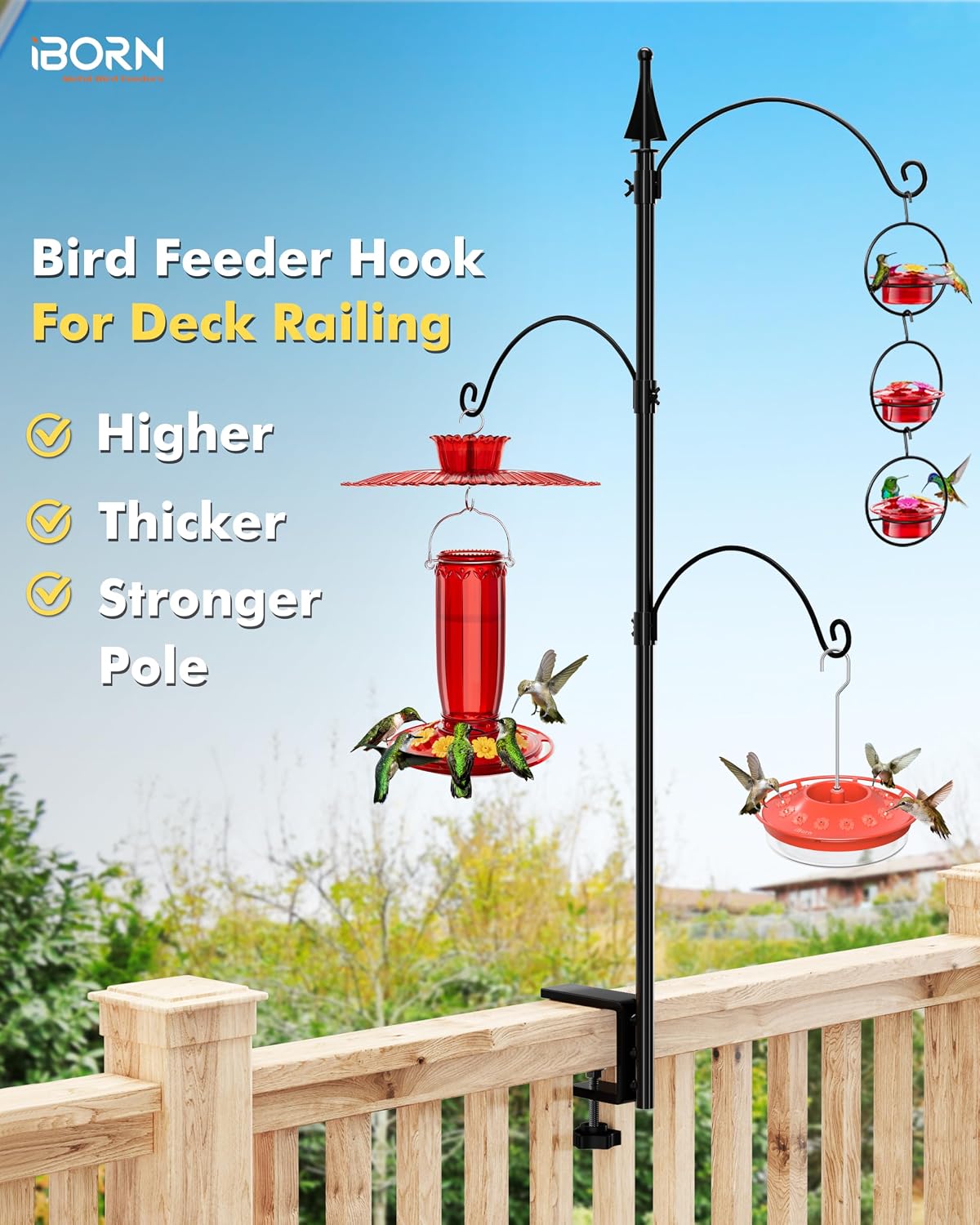 Bird Feeder Hook for Deck Railing Outside Hanging for Hummingbird Feeders Deck Hanger,3 Hooks 360 Degree