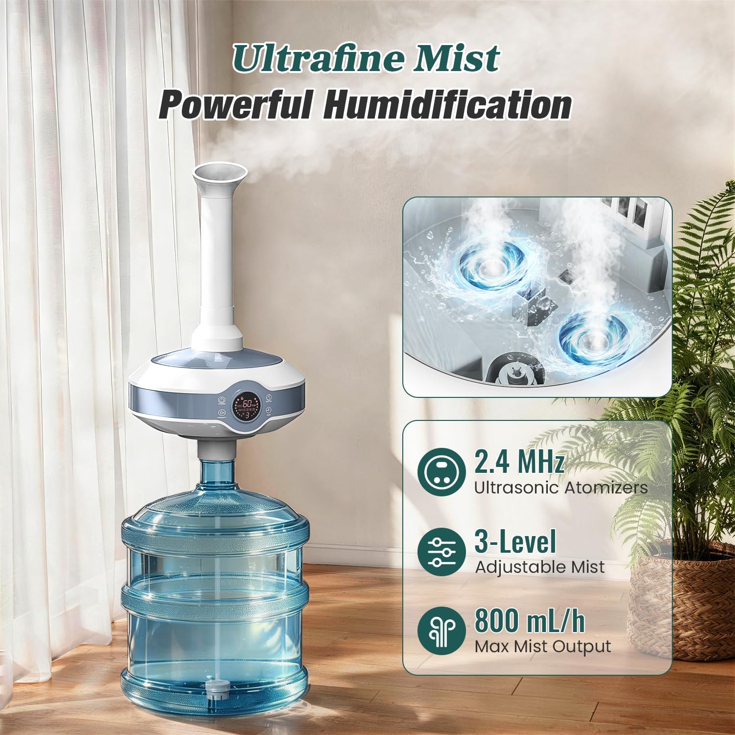 Humidifier Large Room 1000 sq.ft. Whole house & Commercial | Tankless Ultrasonic Cool Mist for Bedroom Home, Office
