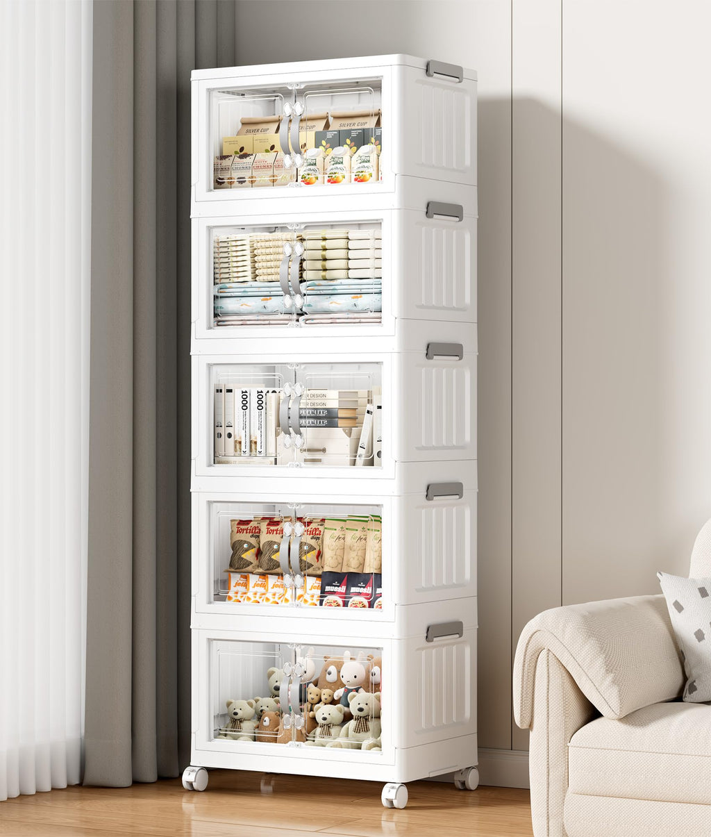 175 QT Stackable Storage Bins with Lids, 5 Tier Collapsible Plastic Storage Cabinet with Magnetic Doors, Removable