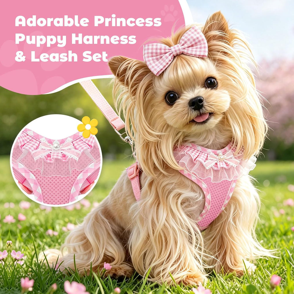 Cute Ruffle Plaid Puppy Harness and Leash Set for Small Dogs Girls,Soft Breathable Mesh Small Dog Vest Harness No