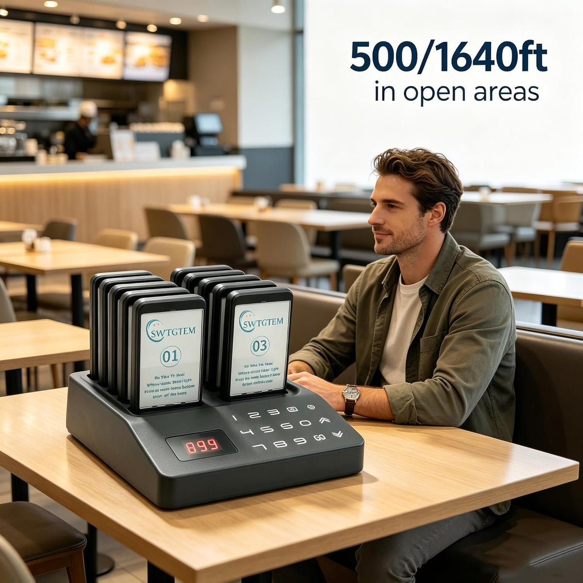 Restaurant Pager System,1640ft Long Range Restaurant Vibrating Buzzers with Beeping,Vibration,Flashing,10 Pagers for