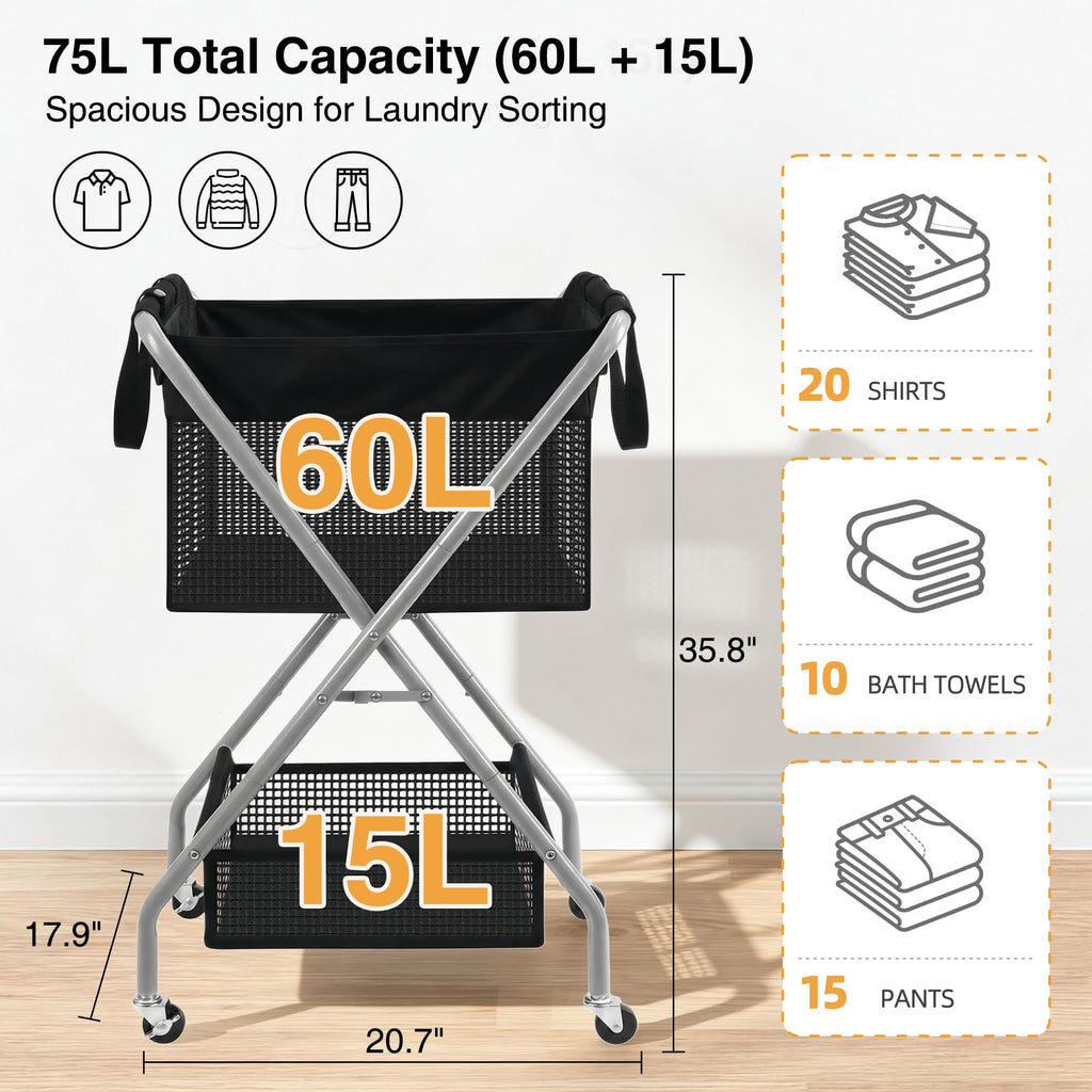 2-Tier Foldable Laundry Cart with Wheels, 75L Tall Rolling Laundry Hamper, Collapsible Laundry Basket with Removable