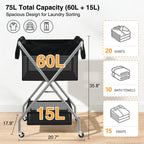 2-Tier Foldable Laundry Cart with Wheels, 75L Tall Rolling Laundry Hamper, Collapsible Laundry Basket with Removable