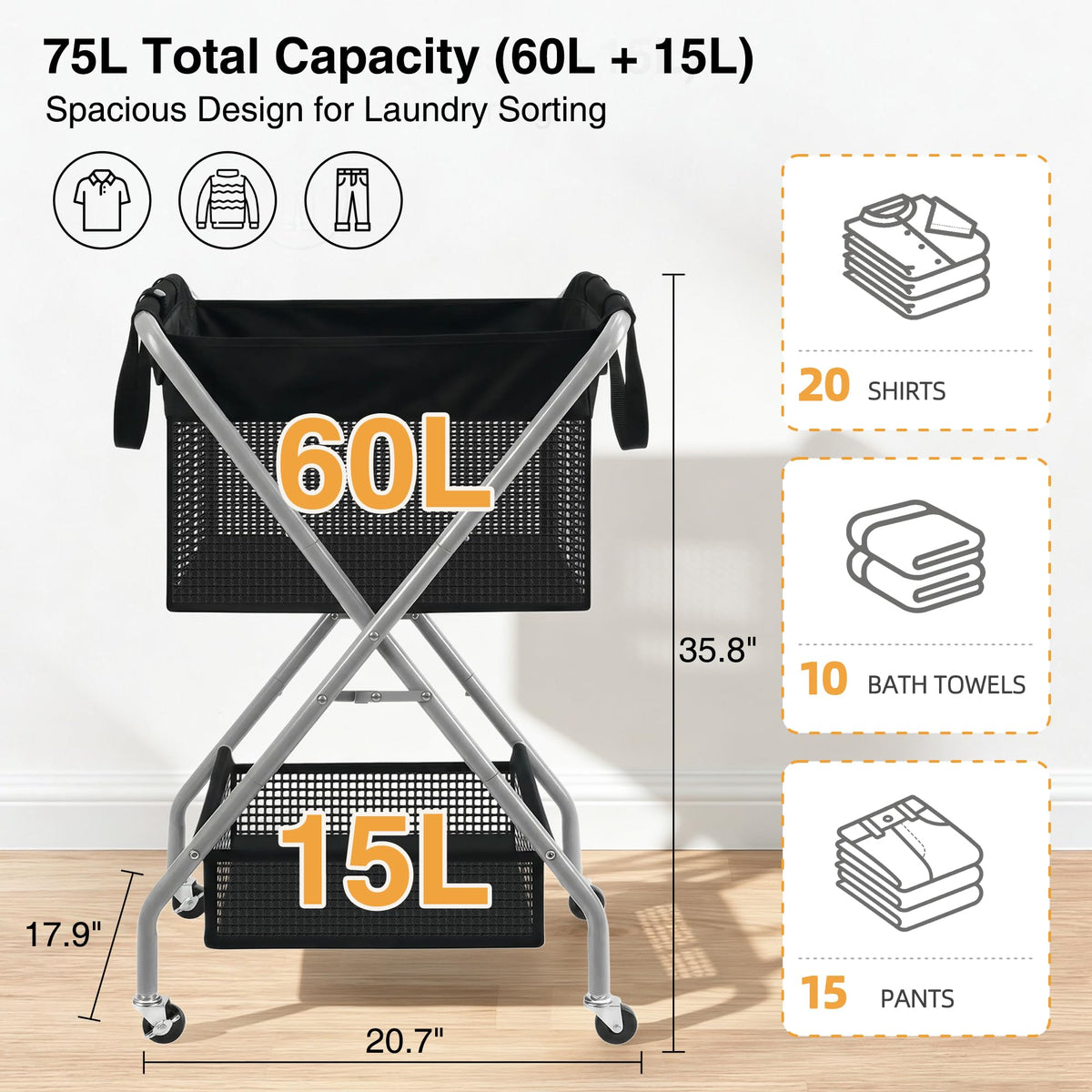 2-Tier Foldable Laundry Cart with Wheels, 75L Tall Rolling Laundry Hamper, Collapsible Laundry Basket with Removable