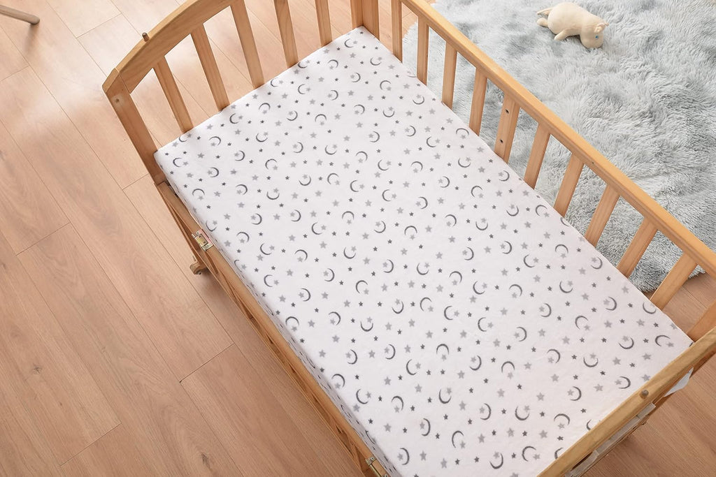 Cozy Fleece Soft and Warm Microplush Fitted Crib Sheets with Moon and Stars - Grey/White, 28 x 52 Inch