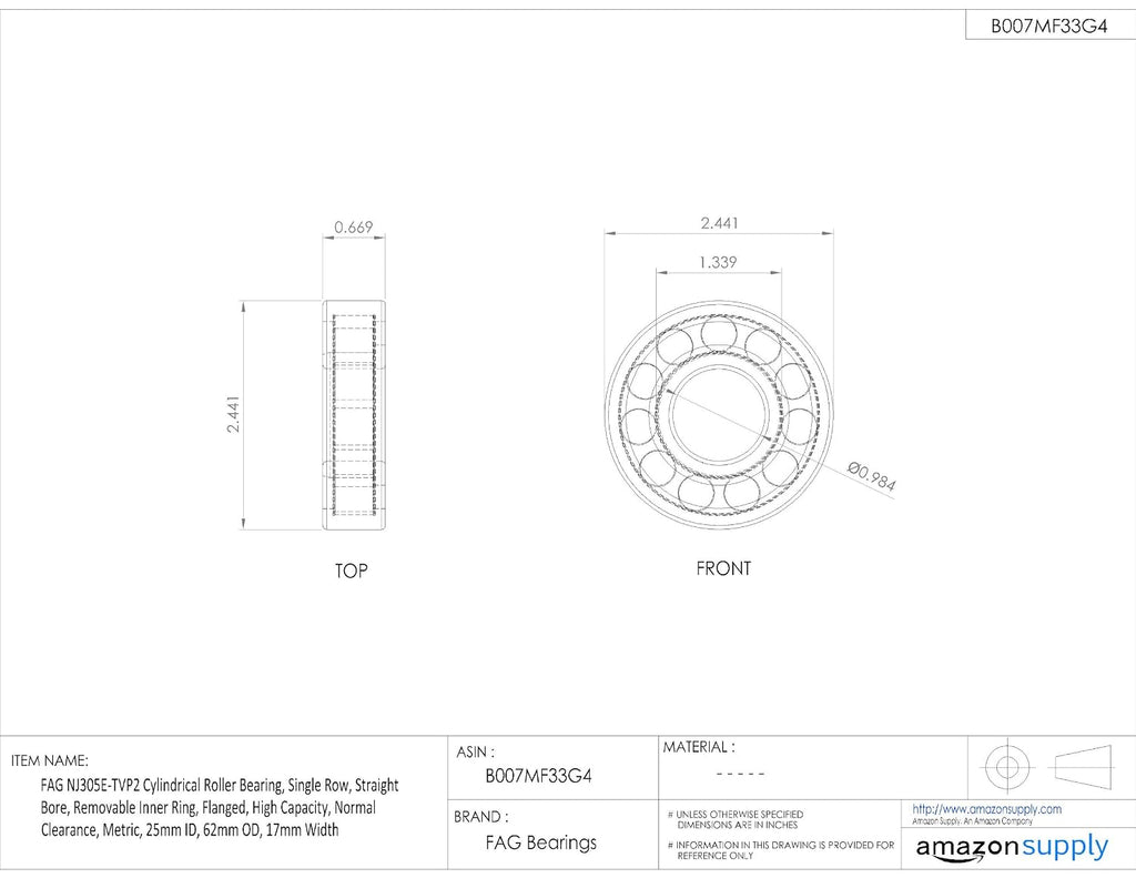 FAG Bearings NJ305E-TVP2 Single Row Cylindrical Roller Bearing, Straight Bore, Removable Inner Ring, Flanged, High Capacity, Normal Clearance, Metric, 25mm ID, 62mm OD, 17mm Width