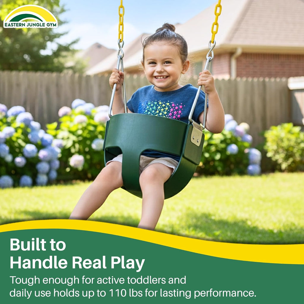 Heavy-Duty High Back Full Bucket Toddler Swing Seat | Coated Swing Chains Fully Assembled | Green Swing Set Accessory