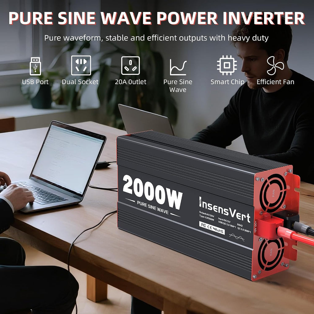2000 Watt Pure Sine Wave Power Inverter DC 12V to 120V AC, with 2 AC,18W USB, and 30W Type-C Charging Ports, Car