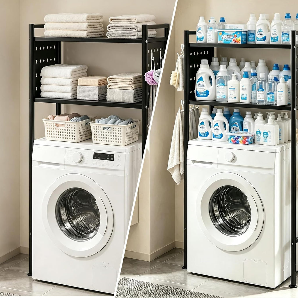 Over Bathroom & Laundry Storage Shelf, Laundry Rack with Pegboard and Hooks