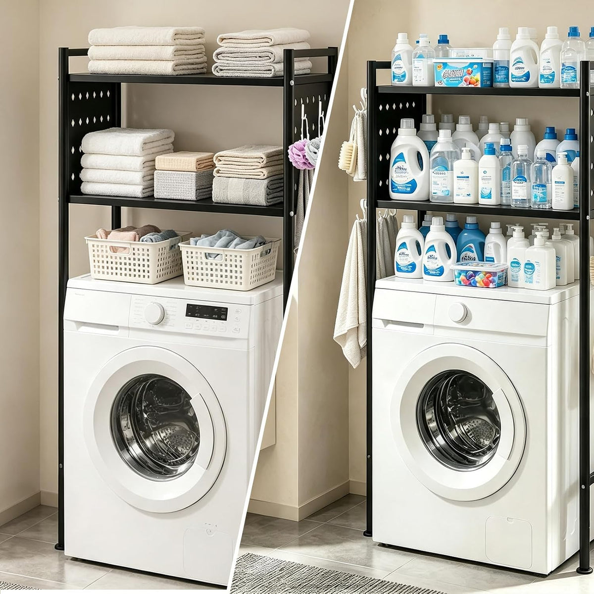Over Bathroom & Laundry Storage Shelf, Laundry Rack with Pegboard and Hooks