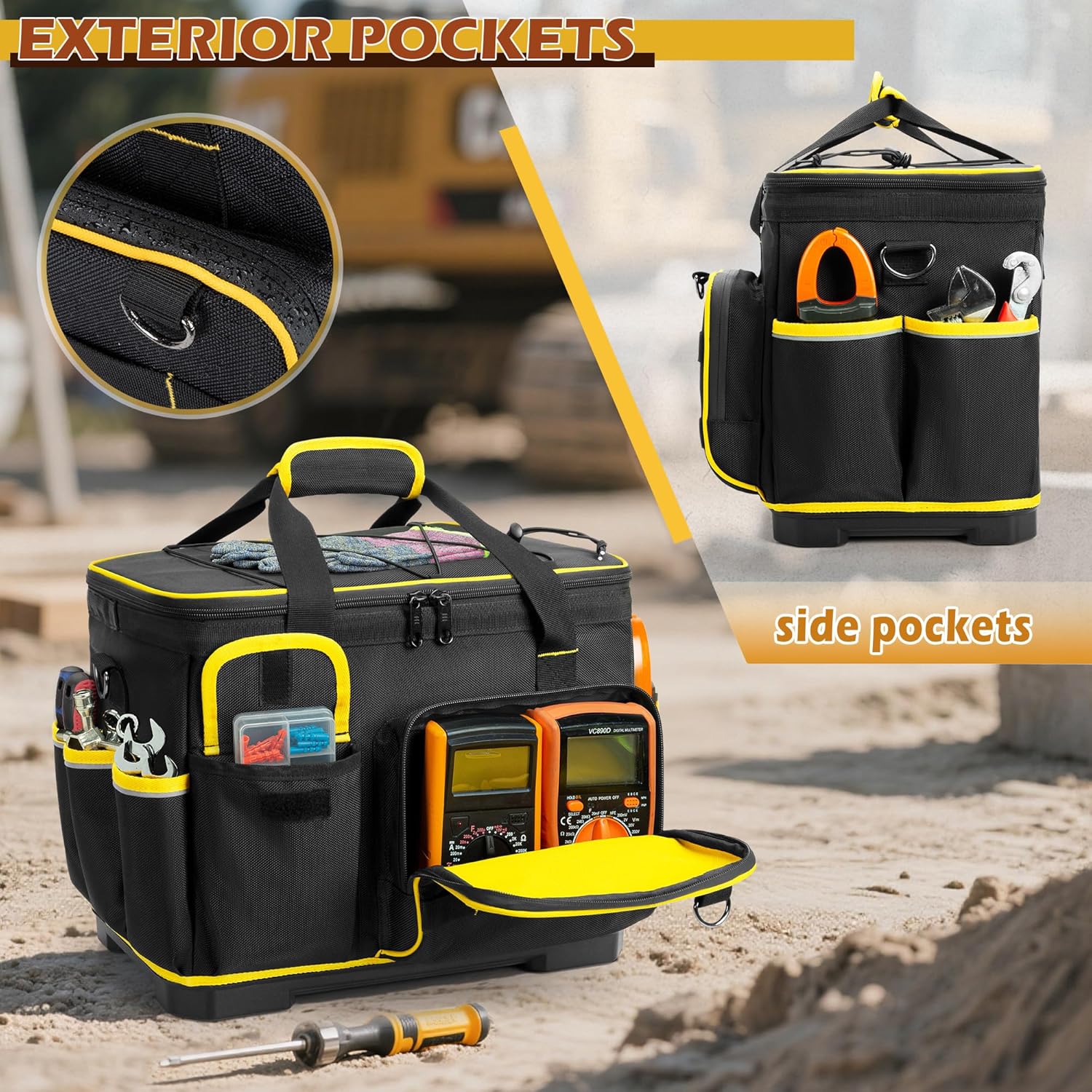 16-inch Tool Bag with Hard Bottom and a Detachable Divider, Heavy Duty Tool Tote with Multiple Pockets, Black
