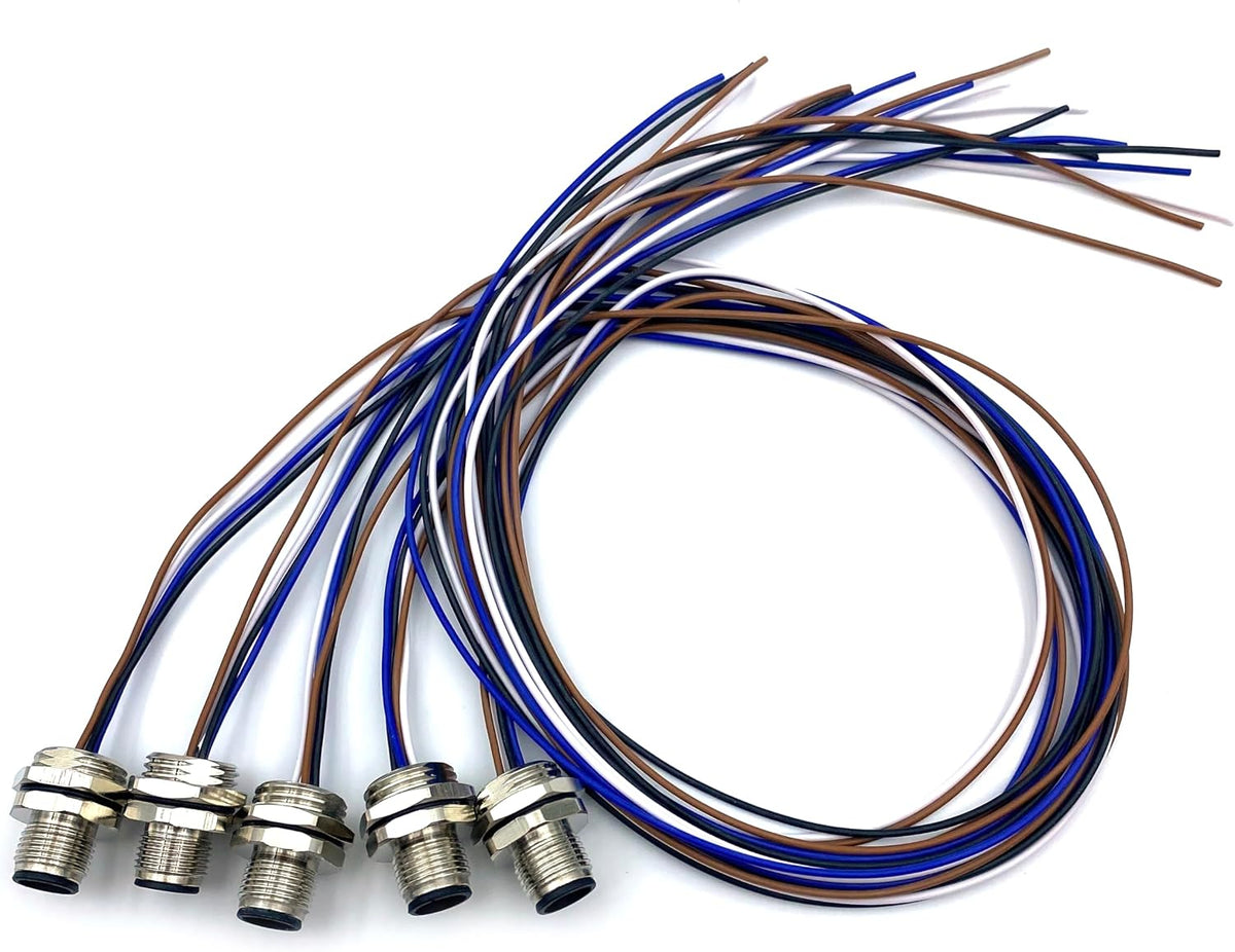 5Pcs M12 4 Pin A Code Male Connector Cable, IP67 Waterproof Back Mount Cable UnShielded Straight Aviation Socket Electrical Cable Sensor Receptacle 250V 4A (0.5Meter/1.64ft)