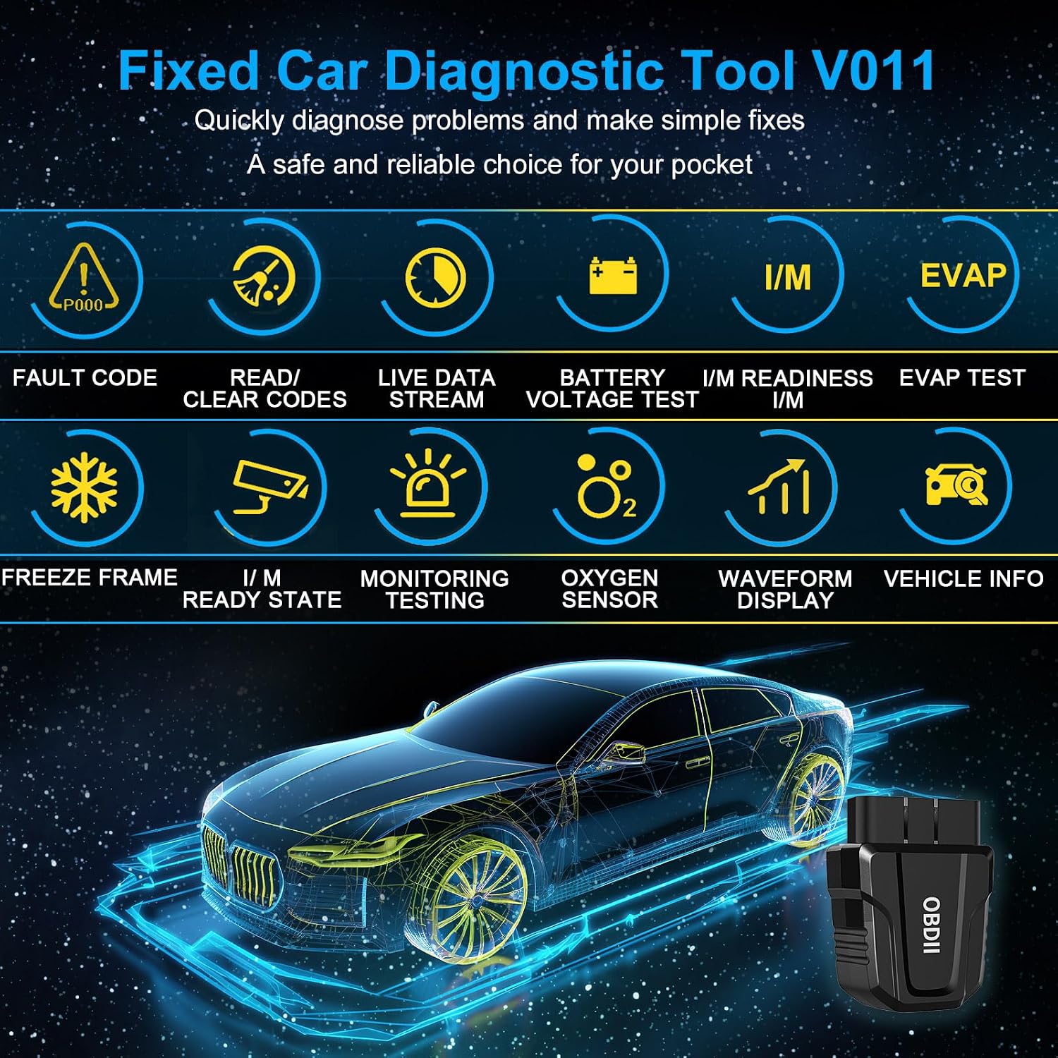 OBD2 Scanner Bluetooth 5.4 for iOS and Android, Live Data, Code Reader | Check Engine Light Reset, Live Data &