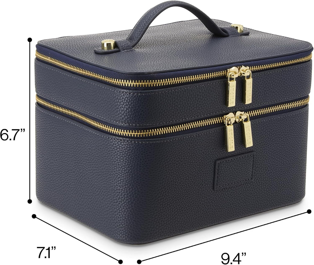 Duo Vanity Case Navy - Large Functional Travel Makeup Bag Organizer with Removable Divider & Mirror