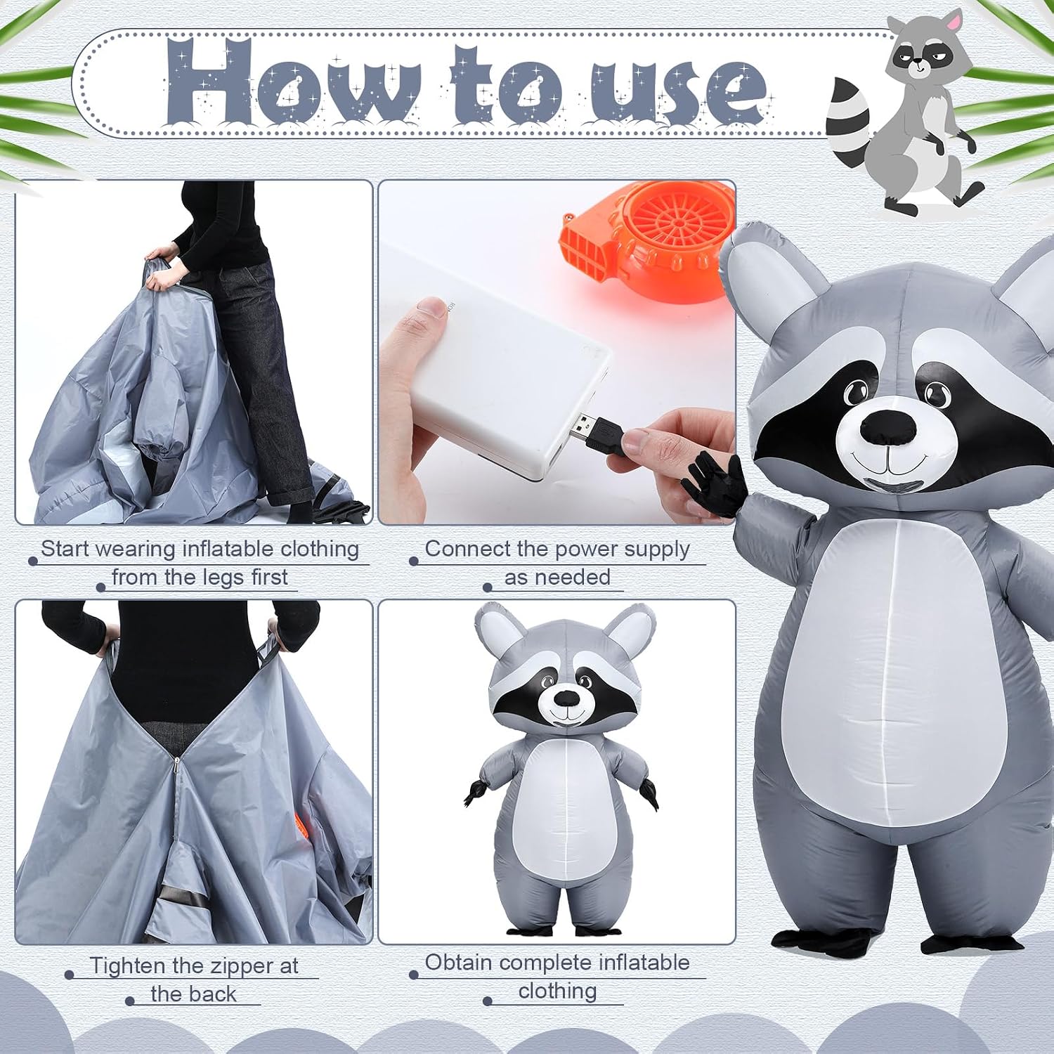 Inflatable Raccoon Costume for Adult Halloween Blow up Costumes for Men Women Funny Animals Cosplay Party