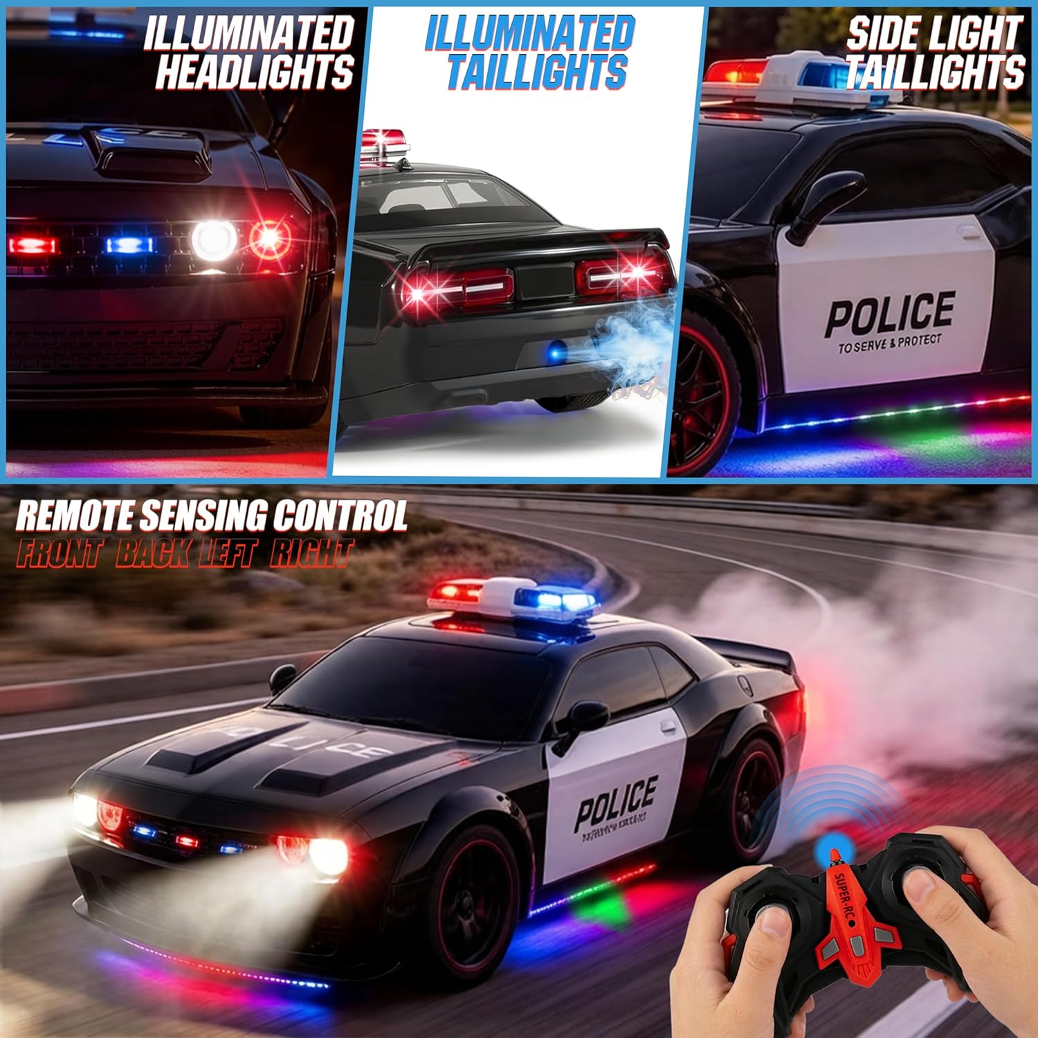 Police Car Toy, Remote Control Police Car with LED Strobe Lights & Blaring Police Siren & Smoke Effect, Remote