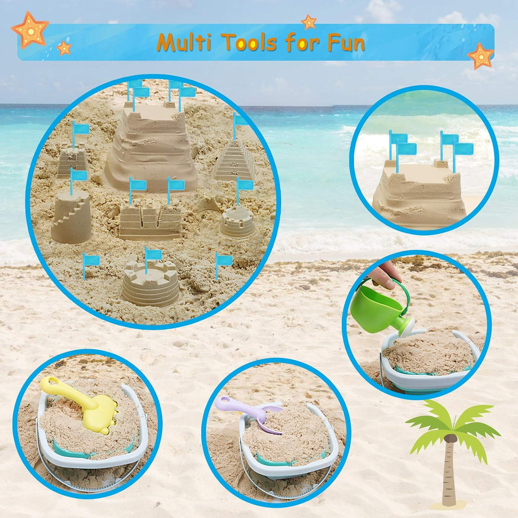 Beach Toys with Collapsible Bucket，Mesh Bag for Kids Ages 3-12 | Sand Castle Building Kit, Decor Flags for Sandbox