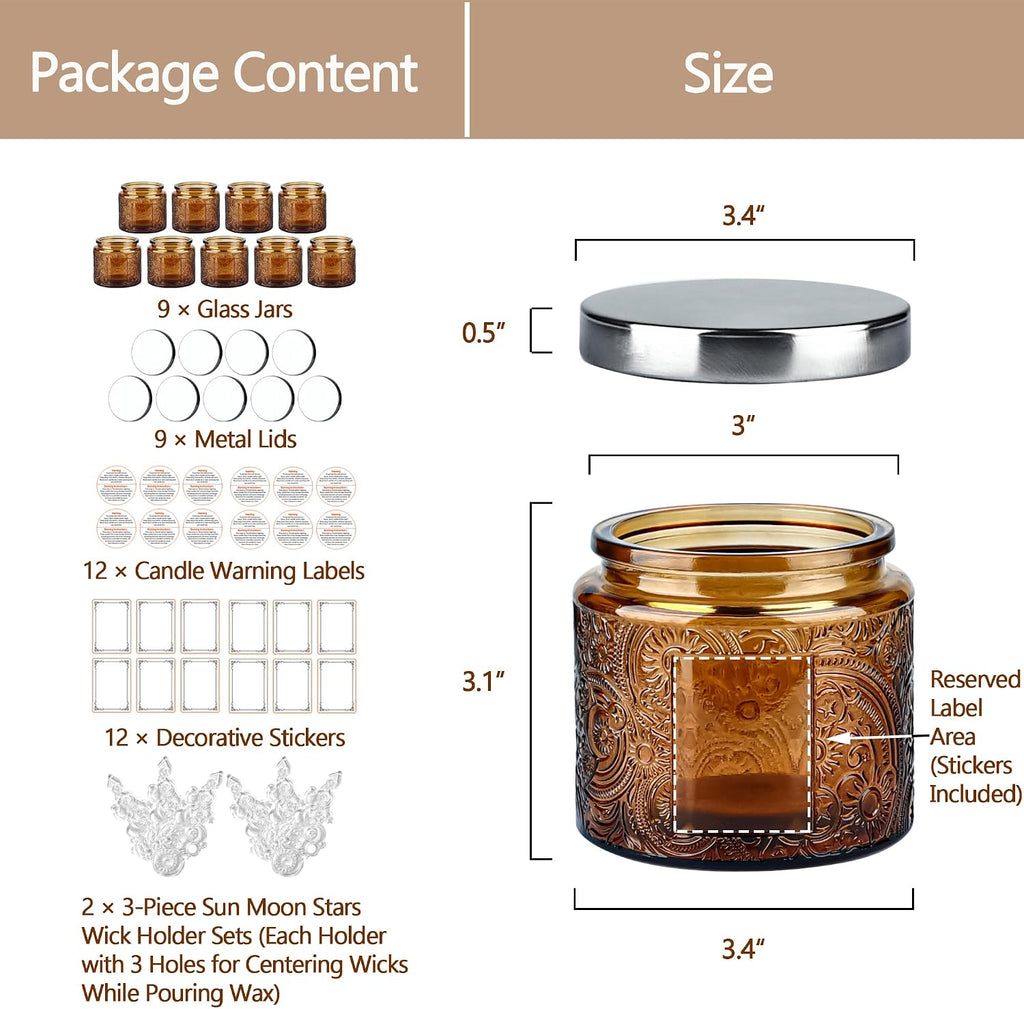 10 oz Mocha Sun Moon Stars Candle Jars with Metal Lids, 9 Pack | Patented Embossed Design, Includes Wick Centering
