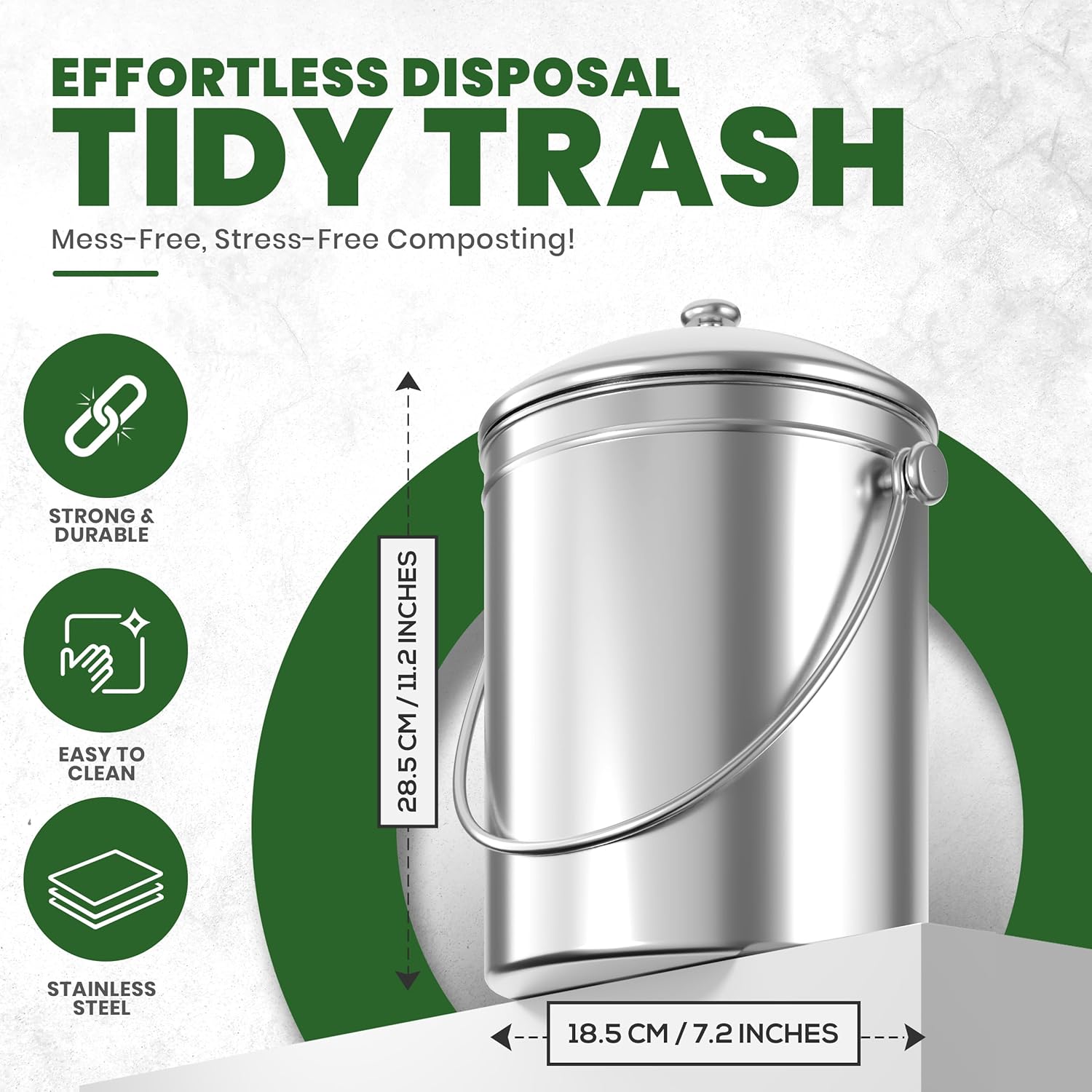 Countertop Compost Bin 1.3 Gallon, Stainless Steel, Silver | Odorless countertop compost bin with charcoal filter